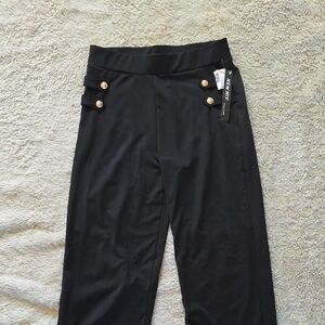 Black High-Waisted Pants with Gold Button Accents
